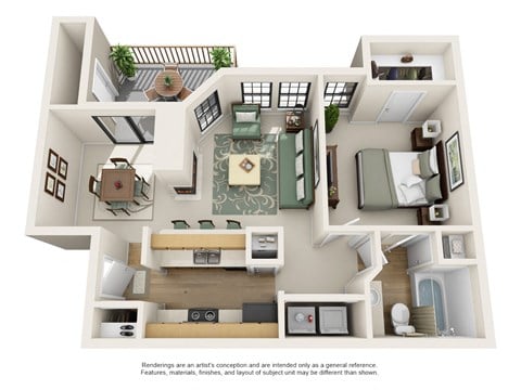 Floor plan for 1 bed, 1 bath, 649 sqft
